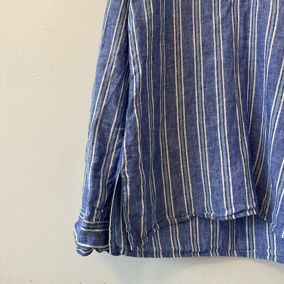 Lauren Ralph Lauren Linen Blue Striped Long Sleeve Popover Blouse | Size Large - Picture 3 of 8
